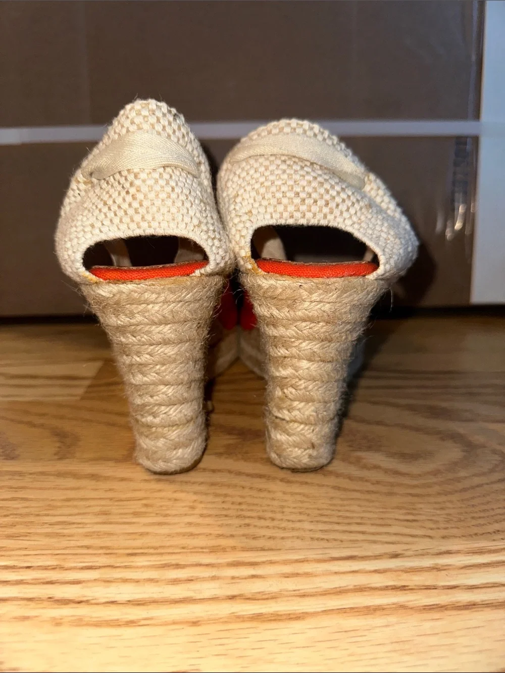 J. Crew Bright Orange Canvas Espadrille Wedge Sandals with Ankle Straps